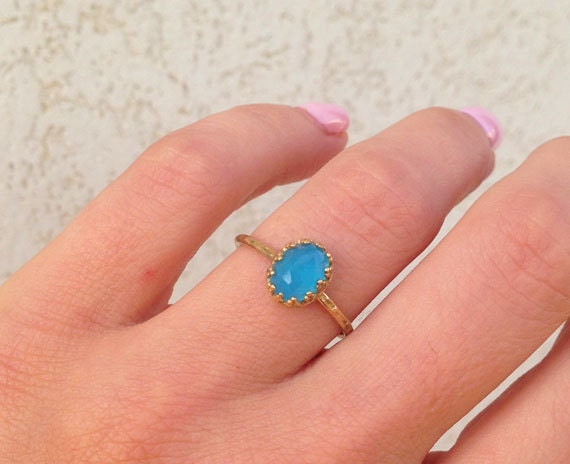 Blue Chalcedony Ring - Delicate Hammered Ring with Oval Blue Chalcedony Gemstone - H.L.Jewelry