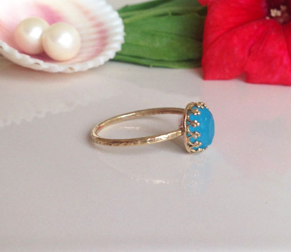 Blue Chalcedony Ring - Delicate Hammered Ring with Oval Blue Chalcedony Gemstone - H.L.Jewelry