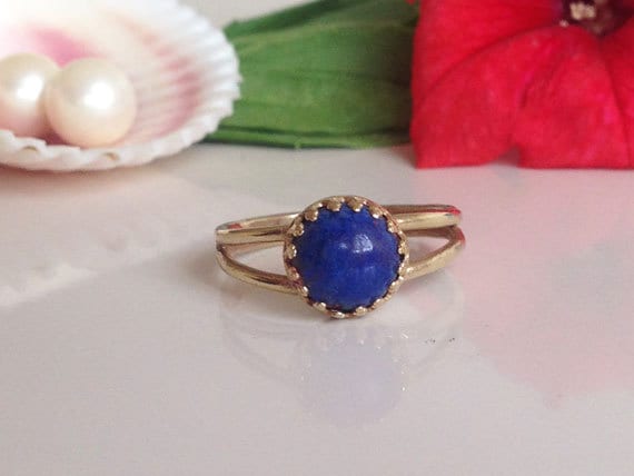 Blue Lapis Ring - Simple Double Band Round Crown Ring with Lapis Lazuli Stone - H.L.Jewelry