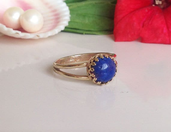 Blue Lapis Ring - Simple Double Band Round Crown Ring with Lapis Lazuli Stone - H.L.Jewelry