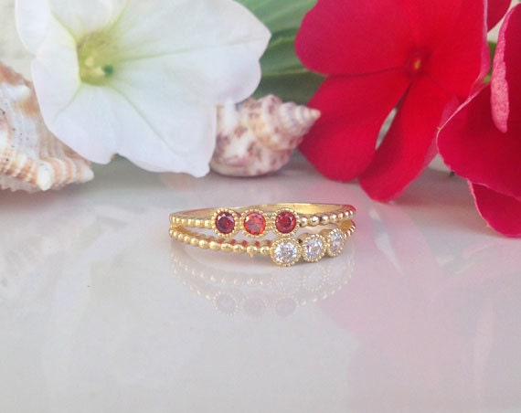 Two Birthstone Ring - Garnet Ring - Clear Quartz Ring - Gemstone Ring- Gold Ring - Stacking Ring - H.L.Jewelry