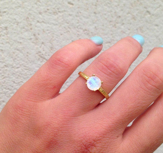 Rainbow Moonstone Ring - Genuine Gemstone - June Birthstone - Gold Ring - Stacking Band - Prong Ring - Round Ring - Tiny Ring - H.L.Jewelry