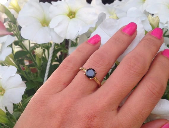 Black Onyx Ring - December Birthstone - Simple Ring with Round Black Onyx Gemstone - H.L.Jewelry