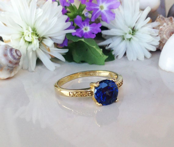 Blue Sapphire Ring - September Birthstone - Round Blue Sapphire Gemstone Simple Ring with Imitation Stones - H.L.Jewelry