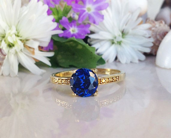 Blue Sapphire Ring - September Birthstone - Round Blue Sapphire Gemstone Simple Ring with Imitation Stones - H.L.Jewelry