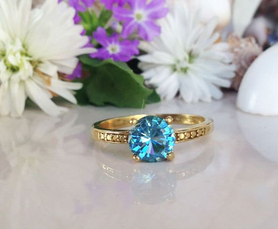 Blue Topaz Ring - December Birthstone - Round Blue Topaz Gemstone Simple Ring with Imitation Stones - H.L.Jewelry