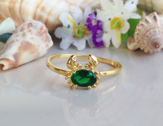 Crab Ring - Cute Sea Ring - Simple Thin Crab Ring Band with Any Birthstone of Your Choice - H.L.Jewelry