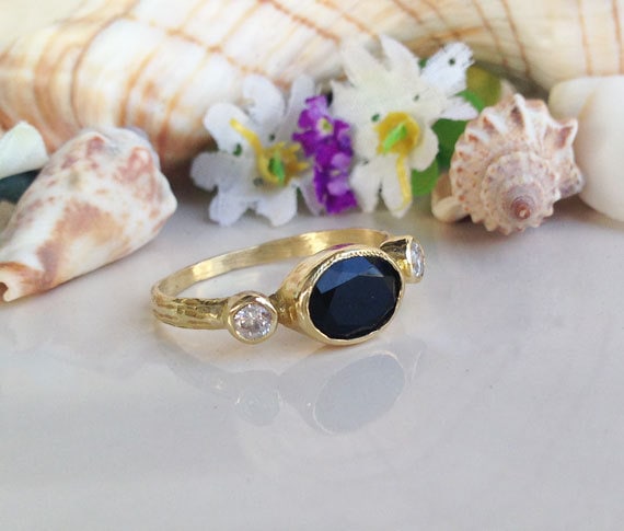 Triple Gemstone Ring - Black Onyx Ring - Gold Ring - Bezel Ring - Gemstone Ring - Simple Ring - H.L.Jewelry