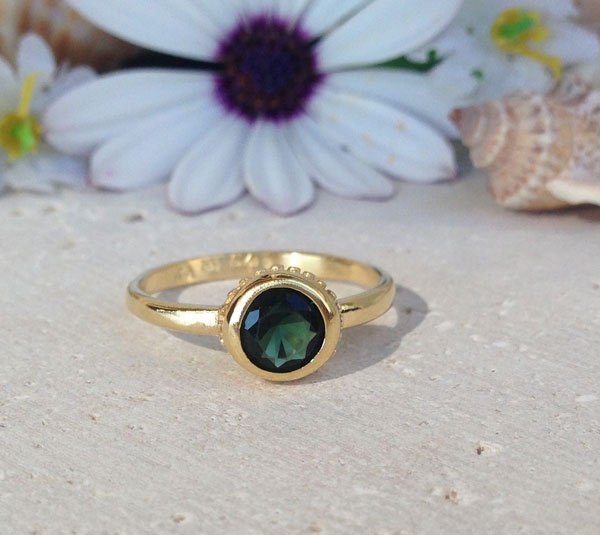 Green Tourmaline Ring - Simple Bezel Set Ring with Round Green Tourmaline Gemstone - H.L.Jewelry