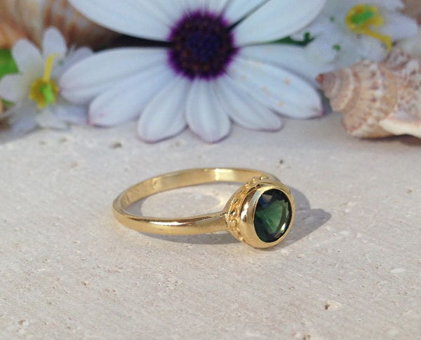 Green Tourmaline Ring - Simple Bezel Set Ring with Round Green Tourmaline Gemstone - H.L.Jewelry