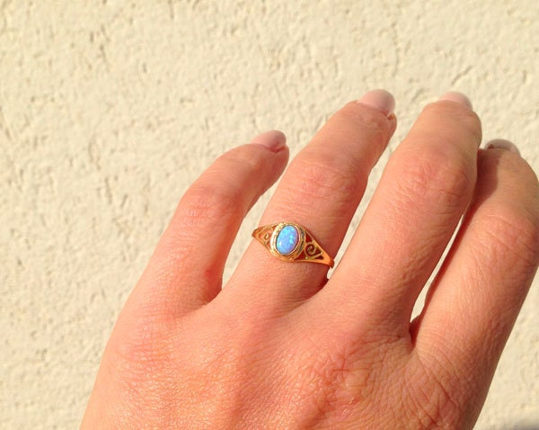 Blue Opal Ring - October Birthstone - Delicate Lace Ring with Oval Blue Opal Gemstone - H.L.Jewelry