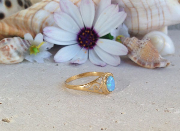 Blue Opal Ring - October Birthstone - Delicate Lace Ring with Oval Blue Opal Gemstone - H.L.Jewelry