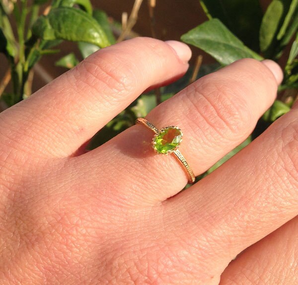 Peridot Ring - August Birthstone - Delicate Hammered Ring with Oval Peridot Gemstone - H.L.Jewelry