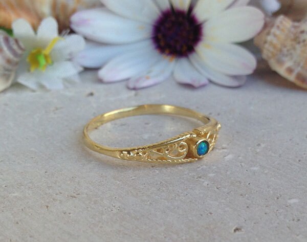 Blue Opal Ring - October Birthstone - Delicate Lace Band Ring with Small Blue Opal - H.L.Jewelry