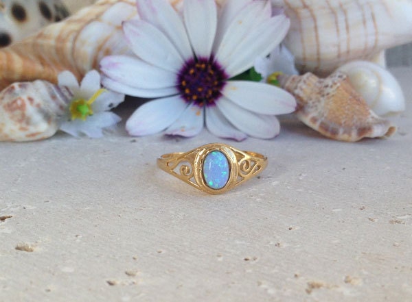 Blue Opal Ring - October Birthstone - Delicate Lace Ring with Oval Blue Opal Gemstone - H.L.Jewelry