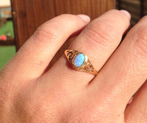 Blue Opal Ring - October Birthstone - Delicate Lace Ring with Oval Blue Opal Gemstone - H.L.Jewelry