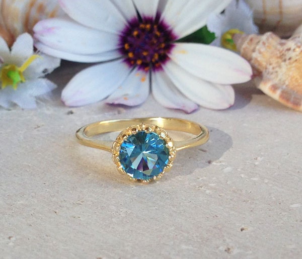 Blue Topaz Ring - December Birthstone - Blue Topaz Gemstone Round Crown Ring - H.L.Jewelry