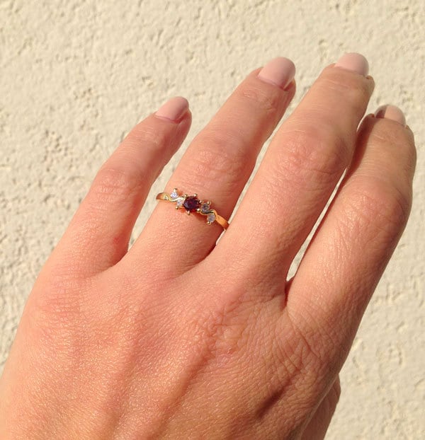 Red Garnet Ring - January Birthstone - Delicate Ring with Round Red Garnet Gemstone and Clear Quartz Accents - H.L.Jewelry