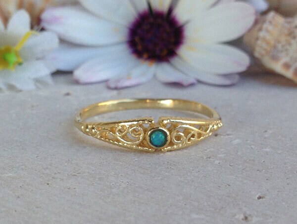 Blue Opal Ring - October Birthstone - Delicate Lace Band Ring with Small Blue Opal - H.L.Jewelry