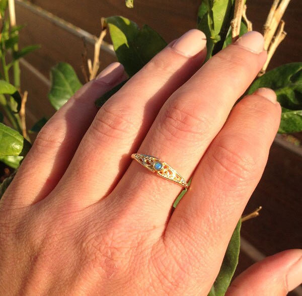 Blue Opal Ring - October Birthstone - Delicate Lace Band Ring with Small Blue Opal - H.L.Jewelry