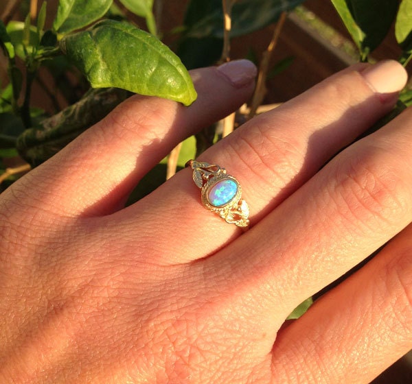 Blue Opal Ring - October Birthstone - Delicate Lace Ring with Oval Blue Opal Stone and Leaves Accents - H.L.Jewelry