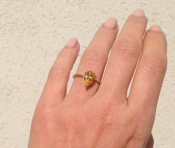 Citrine Ring - November Birthstone - Lace Setting Ring with Pear-Shaped Yellow Citrine Gemstone - H.L.Jewelry