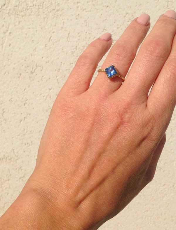 Blue Topaz Ring - December Birthstone - Simple Twist Band Ring with Square Blue Topaz Gemstone - H.L.Jewelry