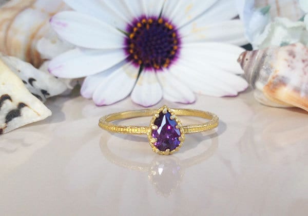 Purple Amethyst Ring - February Birthstone - Delicate Hammered Ring with Pear-Shaped Purple Amethyst Gemstone - H.L.Jewelry