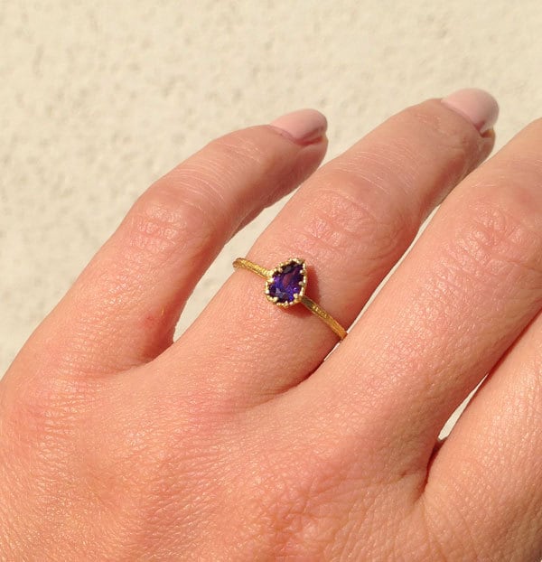 Purple Amethyst Ring - February Birthstone - Delicate Hammered Ring with Pear-Shaped Purple Amethyst Gemstone - H.L.Jewelry