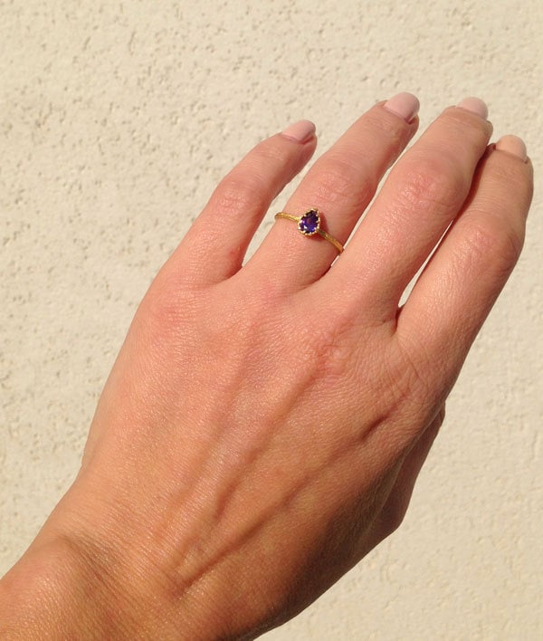 Purple Amethyst Ring - February Birthstone - Delicate Hammered Ring with Pear-Shaped Purple Amethyst Gemstone - H.L.Jewelry