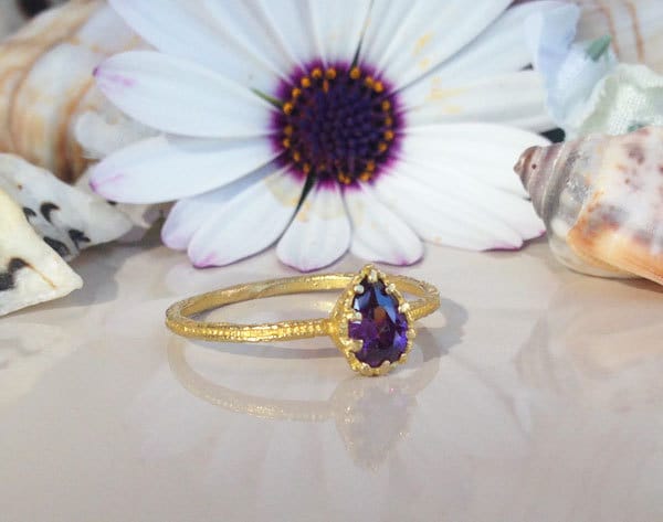 Purple Amethyst Ring - February Birthstone - Delicate Hammered Ring with Pear-Shaped Purple Amethyst Gemstone - H.L.Jewelry