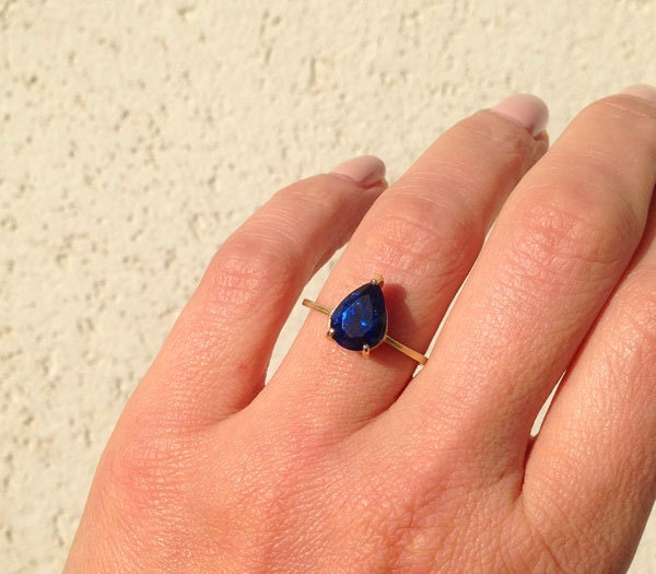 Blue Sapphire Ring - September Birthstone - Lace Setting Ring with Pear-Shaped Blue Sapphire - H.L.Jewelry