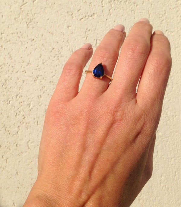 Blue Sapphire Ring - September Birthstone - Lace Setting Ring with Pear-Shaped Blue Sapphire - H.L.Jewelry