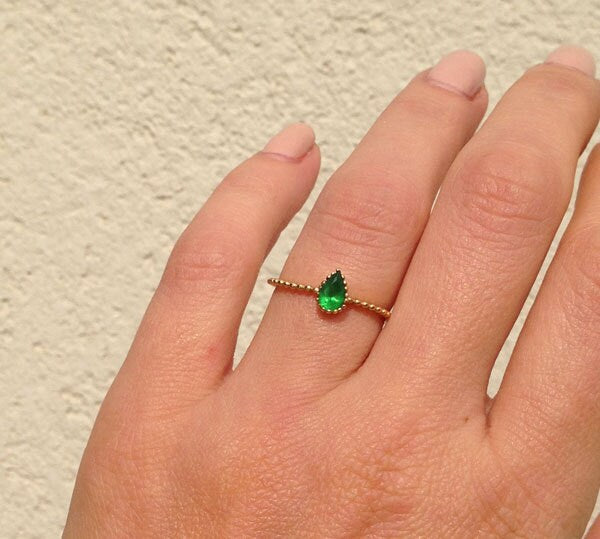 Emerald Ring - May Birthstone - Pear-Shaped Emerald Gemstone Tiny Stacking Ring - H.L.Jewelry