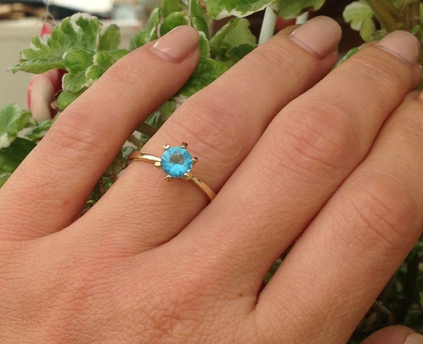 Blue Topaz Ring - December Birthstone - Solitaire Ring with Round Blue Topaz Gemstone - H.L.Jewelry