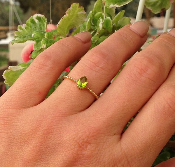 Peridot Ring - August Birthstone - Delicate Stacking Ring with Pear-Shaped Peridot Gemstone - H.L.Jewelry