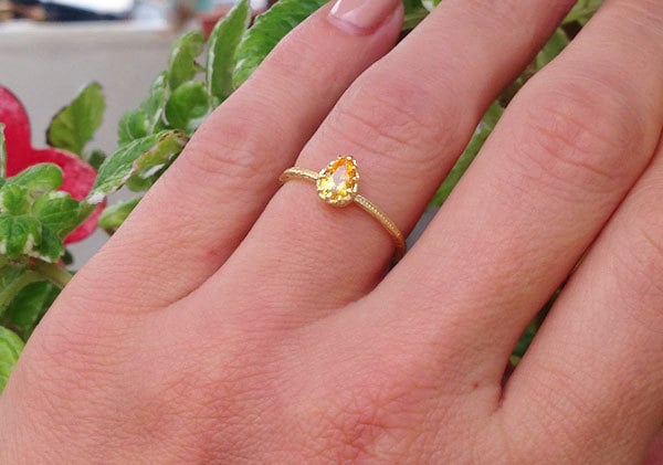 Citrine Ring - November Birthstone - Delicate Hammered Ring with Pear-Shaped Citrine Gemstone - H.L.Jewelry