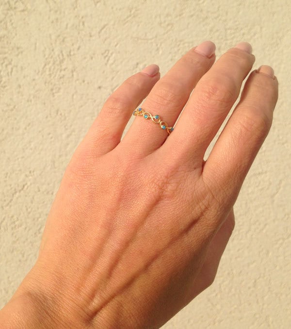 Blue Opal Ring - October Birthstone - Infinity Ring with Ten Small Round Blue Opal Gemstones - H.L.Jewelry