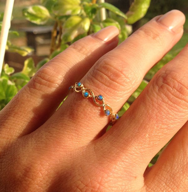 Blue Opal Ring - October Birthstone - Infinity Ring with Ten Small Round Blue Opal Gemstones - H.L.Jewelry