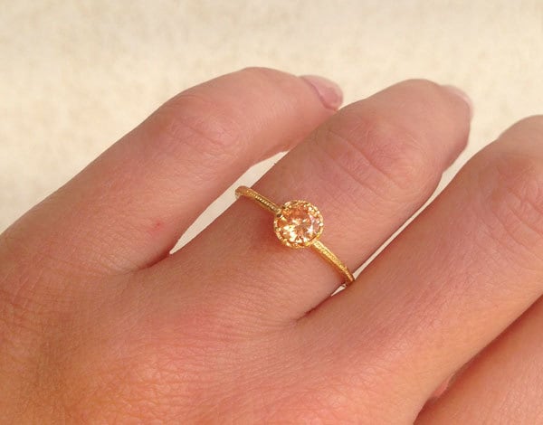 Citrine Ring - November Birthstone - Delicate Hammered Ring with Round Citrine Gemstone - H.L.Jewelry