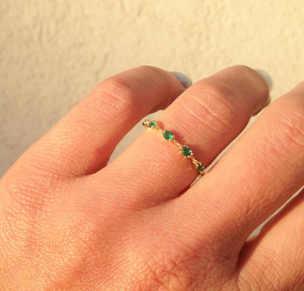 Emerald Ring - May Birthstone - Stacking Ring with Five Round Emerald Gemstones - H.L.Jewelry