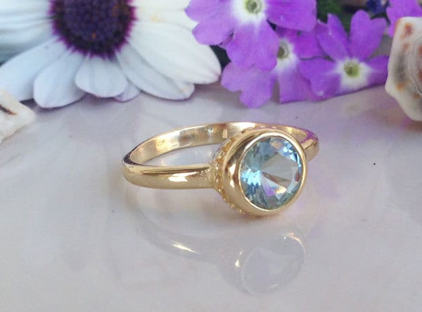 Aquamarine Ring - March Birthstone - Simple Bezel-Set Ring with Round Aquamarine Gemstone - H.L.Jewelry