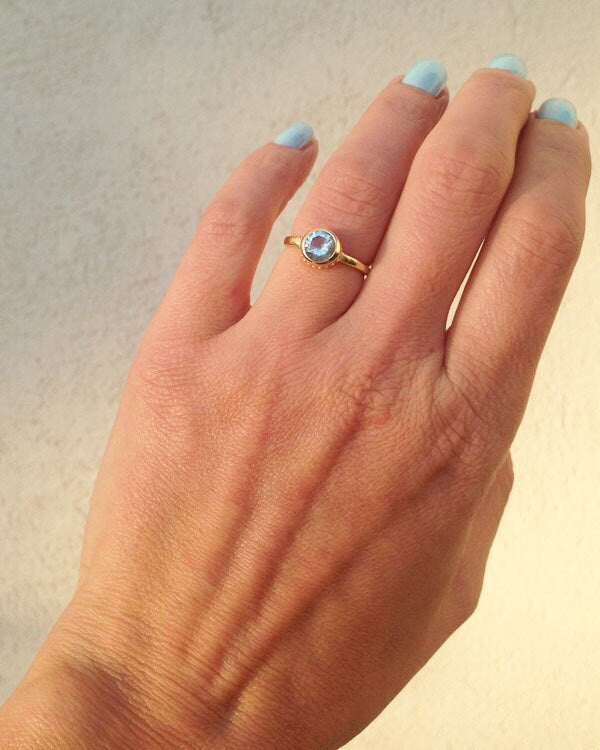 Aquamarine Ring - March Birthstone - Simple Bezel-Set Ring with Round Aquamarine Gemstone - H.L.Jewelry