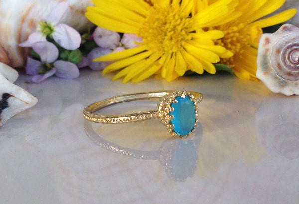 Blue Chalcedony Ring - Delicate Hammered Ring with Blue Chalcedony Gemstone - H.L.Jewelry