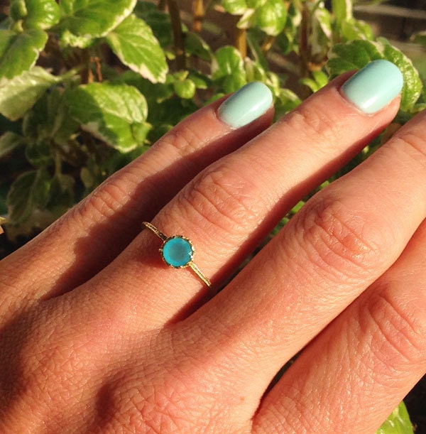 Blue Chalcedony Ring - Delicate Hammered Ring with Round Blue Chalcedony Gemstone - H.L.Jewelry