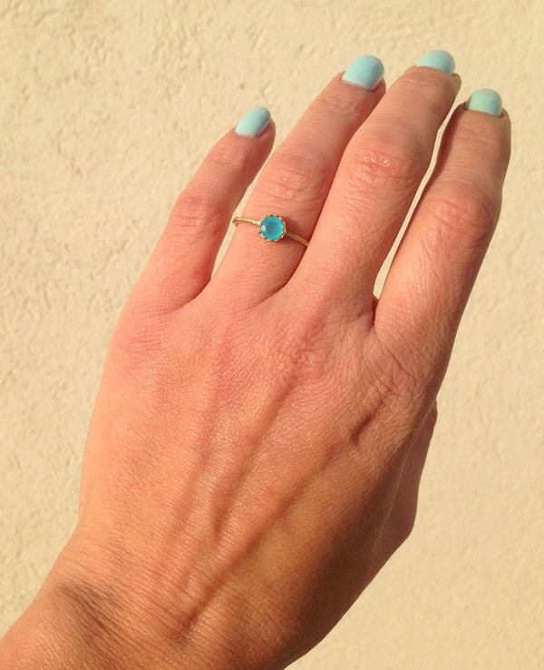 Blue Chalcedony Ring - Delicate Hammered Ring with Round Blue Chalcedony Gemstone - H.L.Jewelry