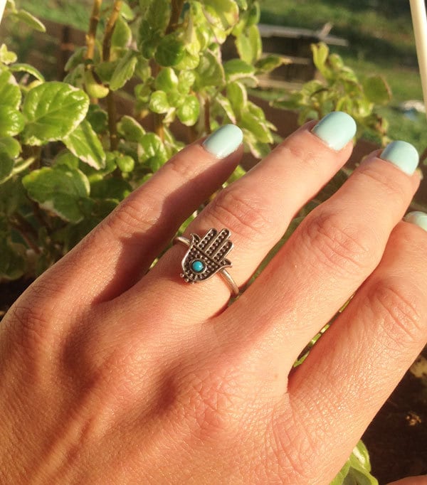 Hamsa Ring - Hand of Fatima Ring - Evil Eye Protection - Hamsa Ring with Green Turquoise Gemstone - H.L.Jewelry