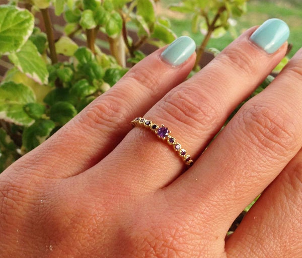 Amethyst Ring - February Birthstone - Delicate Stacking Ring with Purple Amethyst Gemstones - H.L.Jewelry