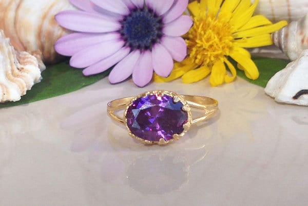 Purple Amethyst Ring - February Birthstone - Double Band Vintage Oval Crown Ring with Purple Amethyst Gemstone - H.L.Jewelry