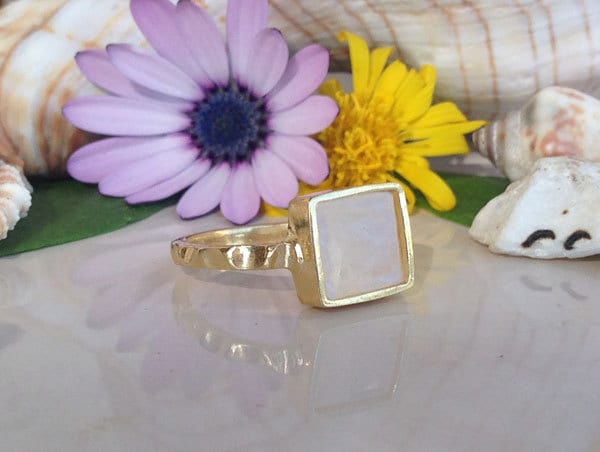 Rainbow Moonstone Ring - June Birthstone - Simple Ring with Square Rainbow Moonstone - H.L.Jewelry